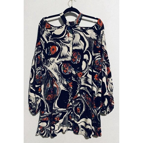 Free People Dress Womens Large Drift Away Black Abstract Cold Shoulder Tunic - Picture 5 of 10